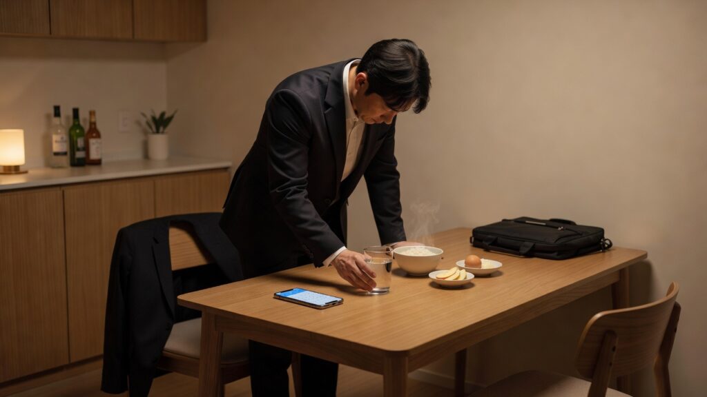 회식 다음 날 출근 전 물과 일정을 챙기는 직장인 컨디션 회복 이미지