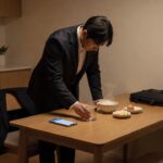 회식 다음 날 출근 전 물과 일정을 챙기는 직장인 컨디션 회복 이미지