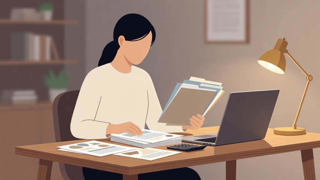퇴근 후 책상에서 연말정산 서류를 정리하는 직장인 삽화