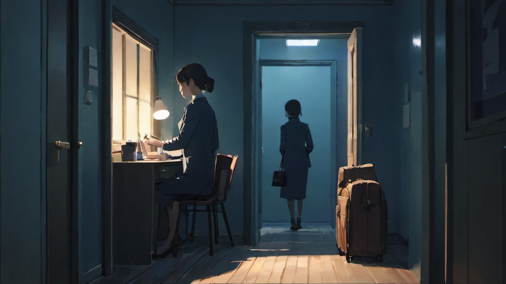 현관 옆에 다음 날 출근복과 가방을 준비하는 직장인의 AI 생성 편집 삽화