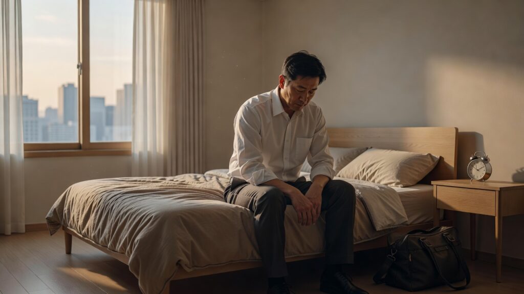 잠은 잤는데 계속 피곤한 직장인이 아침 침대에 앉아 출근을 준비하는 AI 생성 이미지