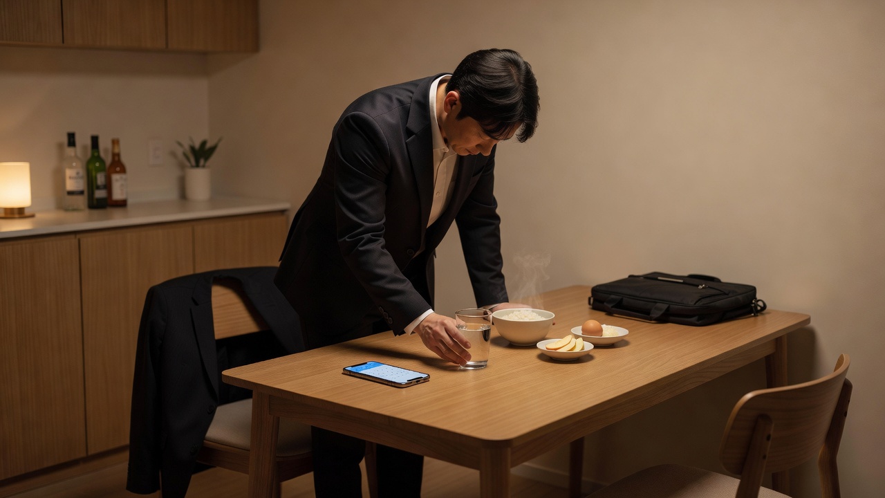 회식 다음 날 출근 전 물과 일정을 챙기는 직장인 컨디션 회복 이미지