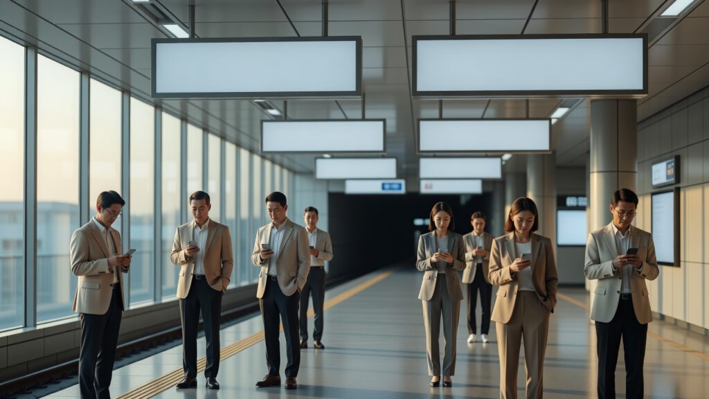 출근길 지하철 지연 상황에서 휴대폰으로 회사에 연락하는 직장인 이미지