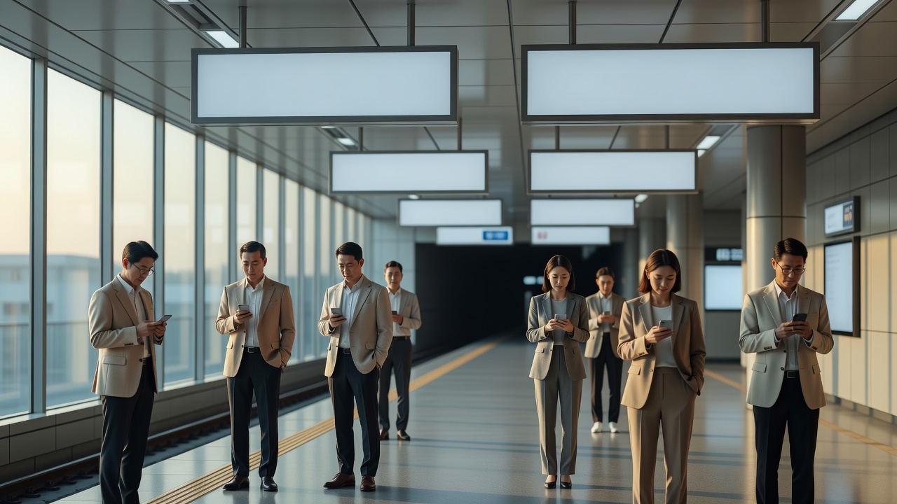 출근길 지하철 지연 상황에서 휴대폰으로 회사에 연락하는 직장인 이미지