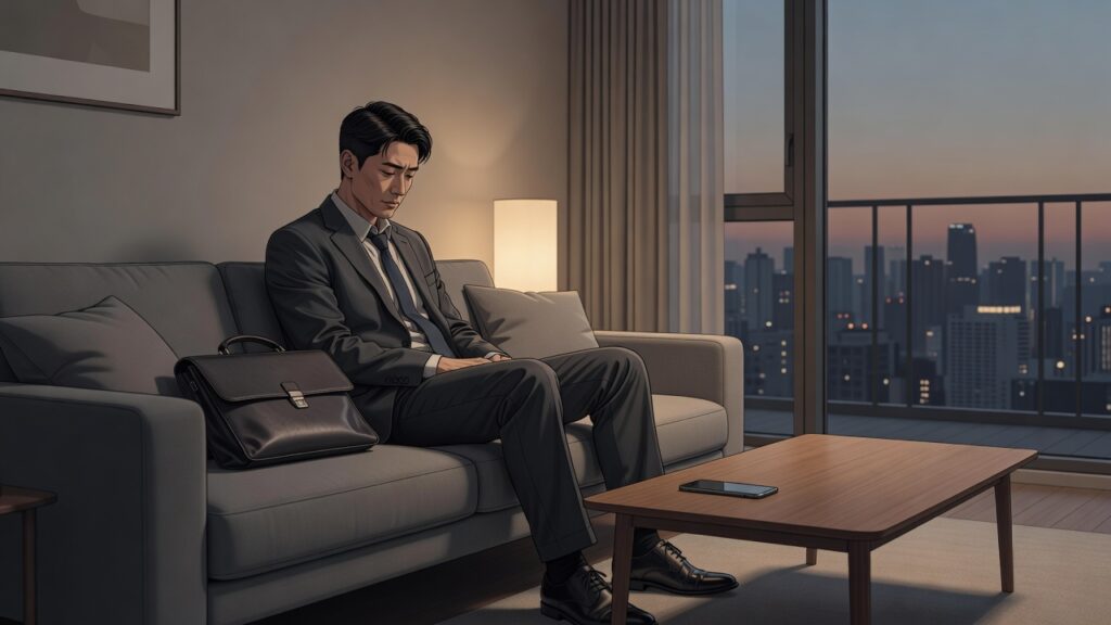 퇴근 후 무기력을 느끼는 직장인의 회복 시간을 표현한 AI 생성 이미지