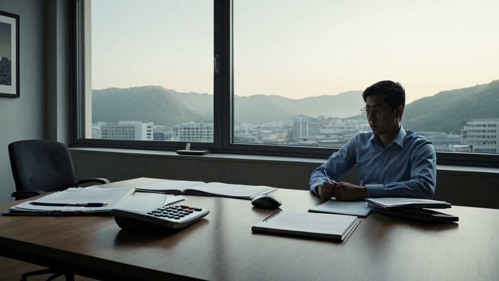 최저임금 변동 전 급여를 확인하는 직장인 AI 편집 삽화