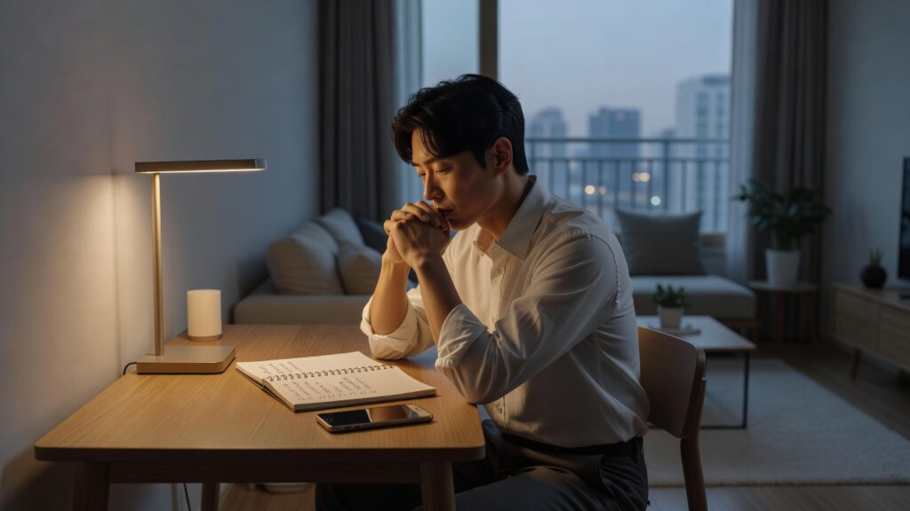 퇴근 후 스마트폰 알림을 잠시 내려놓고 업무 연락 기준을 정리하는 직장인 이미지