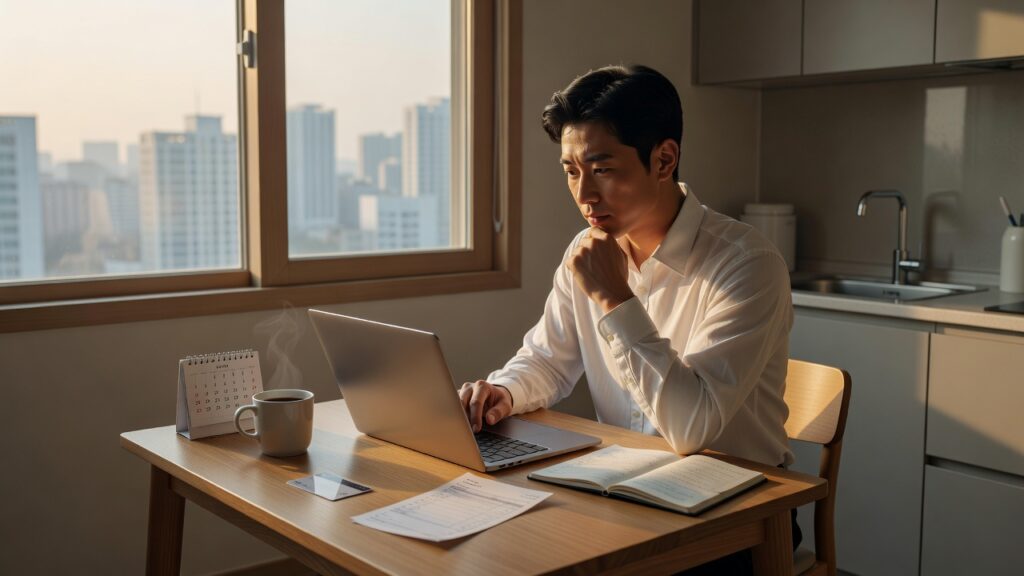출근 전 식탁에서 급여명세서와 생활비 메모를 확인하는 직장인 이미지