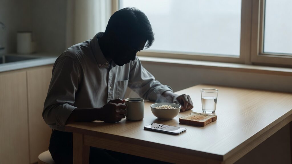 아침 커피와 물, 간단한 식사를 앞에 둔 출근 전 직장인 이미지