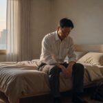 잠은 잤는데 계속 피곤한 직장인이 아침 침대에 앉아 출근을 준비하는 AI 생성 이미지