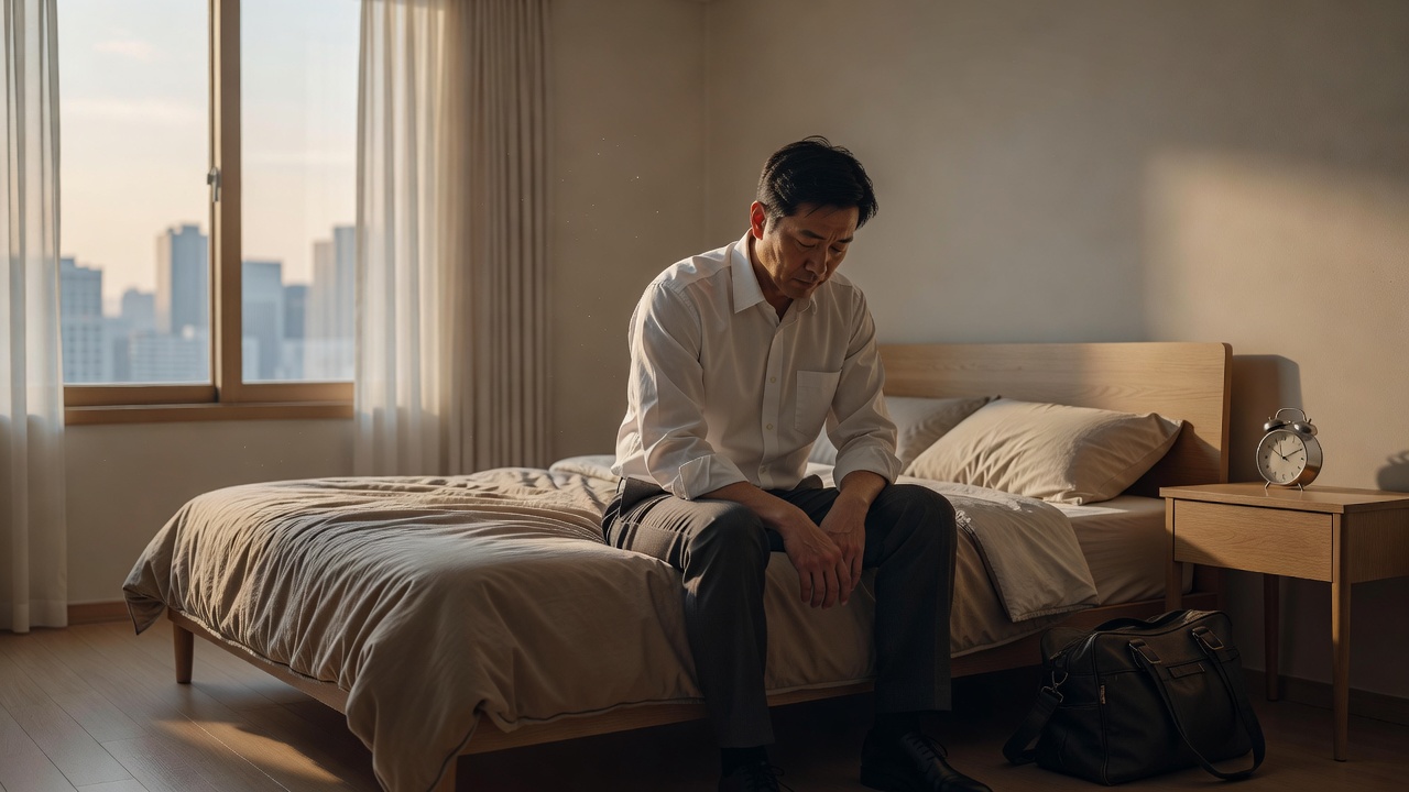 수면 피로가 이어지는 직장인이 아침에 침대에 앉아 출근 전 컨디션을 점검하는 이미지